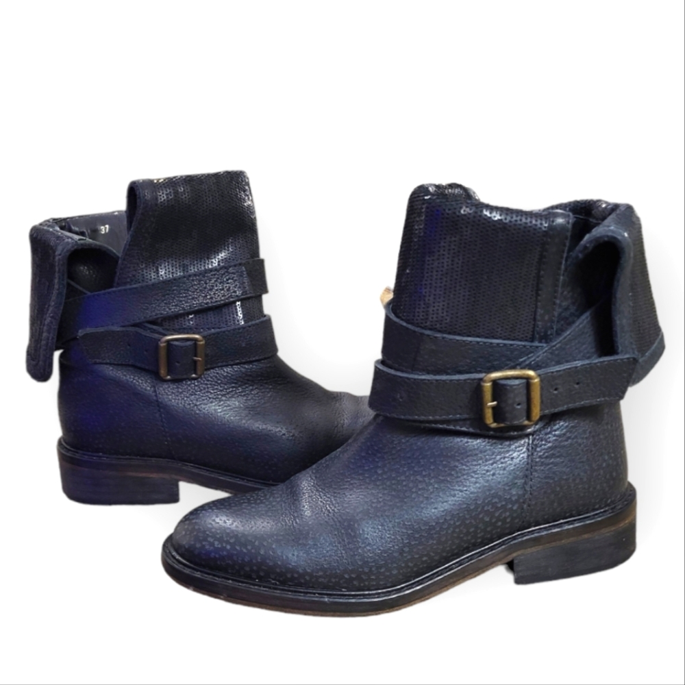 HOSS INTROPIA Black Leather Fold Over Sequin Boots with Ankle Straps EU37 US6.5